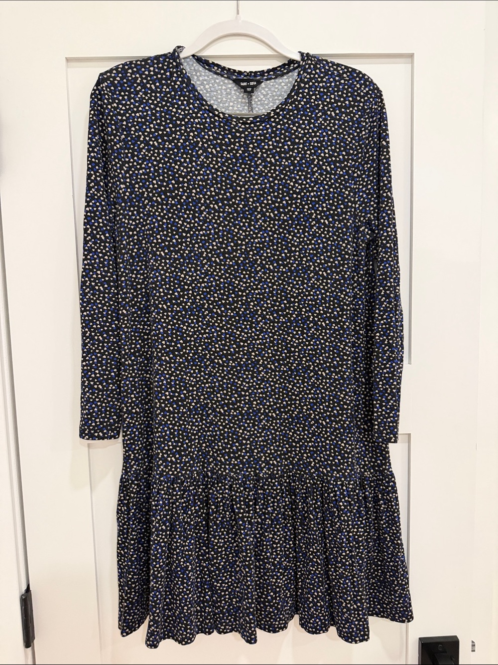 Saint + Sofia Tiered Midi Dress Navy Blue Abstract Print Long Sleeve S